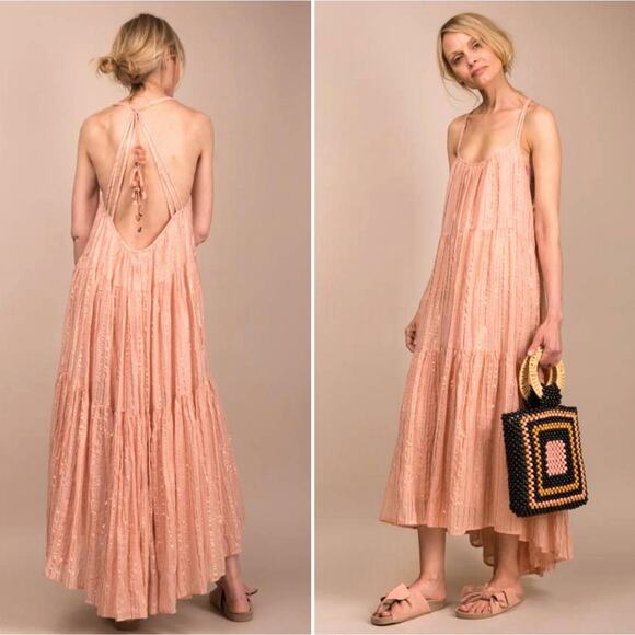 Ulla Johnson Dresses & Skirts - Ulla Johnson S Samara Cotton Low Back Tent Midi Dress Metallic Stripe Peach Pink
